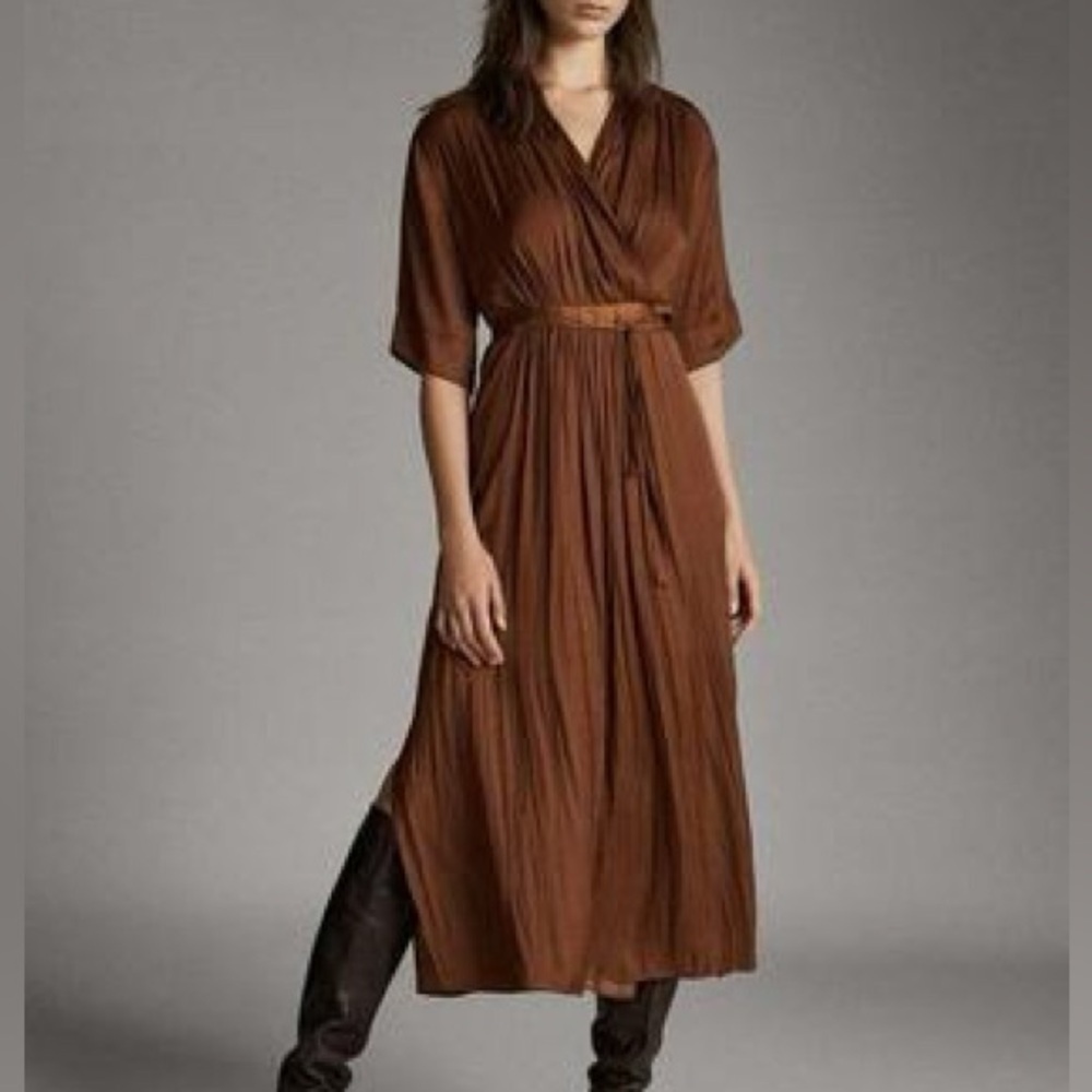 MASSIMO DUTTI Faux Wrap Midi Dress Brown XS